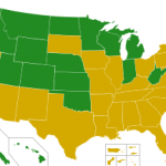 Sanders' vote in Green, and Clinton's vote in Yellow, results of the 2016 Presidential Primaries in the United States